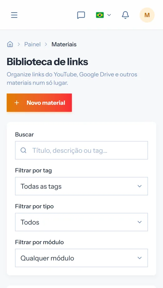 Tela de materiais da aula no celular